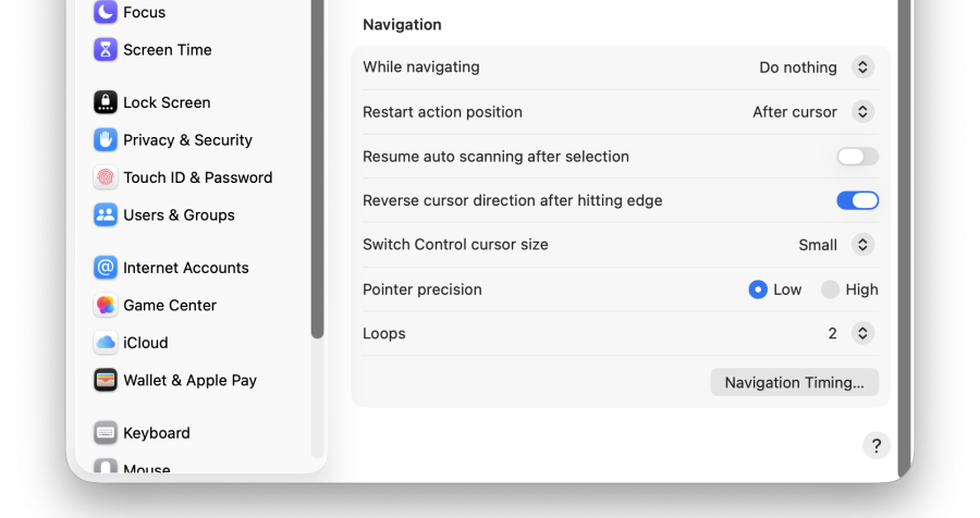 A cropped screenshot of the Navigation section in the Switch Control accessibility settings in macOS.