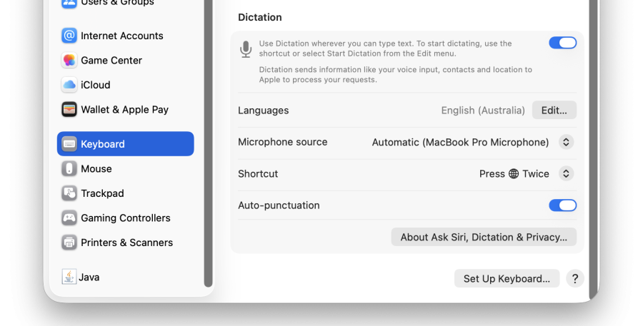A cropped screenshot of the Dictation section in the keyboard accessibility settings in macOS.