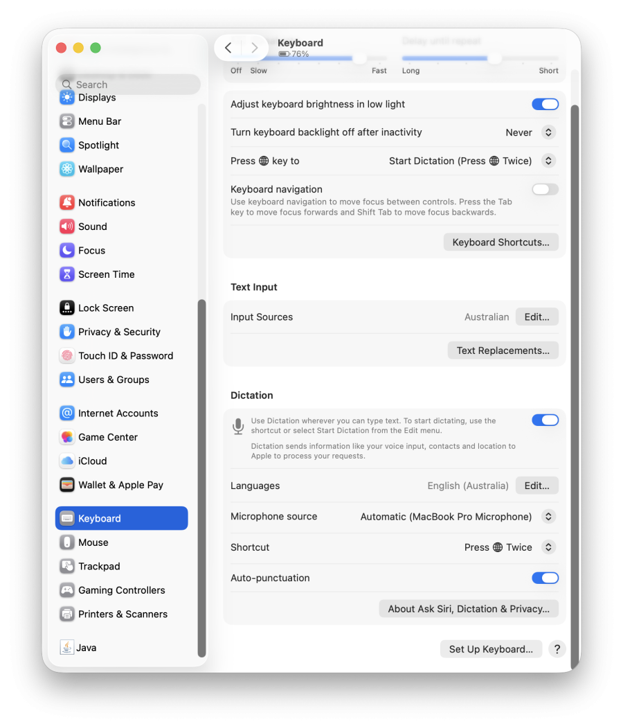 A screenshot of the keyboard accessibility settings window in macOS.