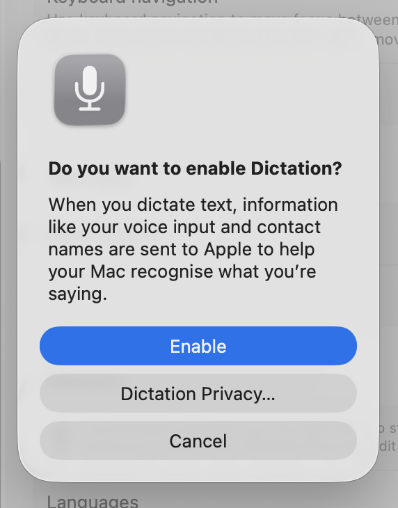 A cropped screenshot of a dialog box asking the user if they want to enable dictation.