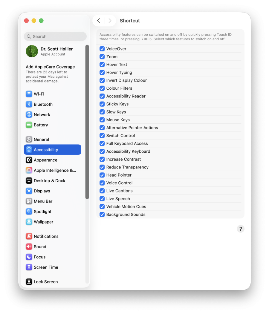 A screenshot of the accessibility shortcut settings window in macOS.