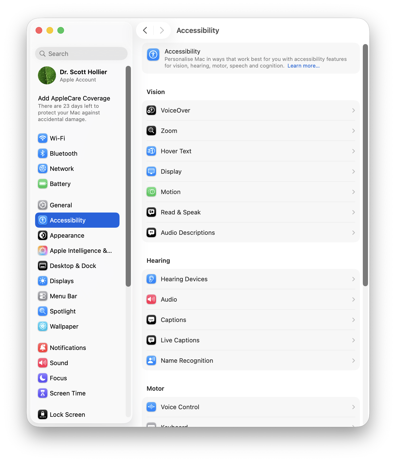 A screenshot of macOS' System Settings window, showing the Accessibility settings.