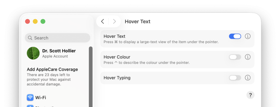 A cropped screenshot of the Hover Text settings in macOS.