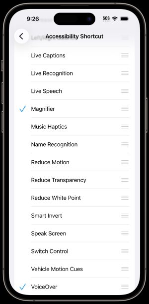 Magnifier selected from the list of accessibility shortcuts