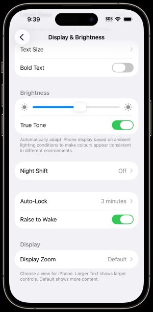 IPhone Display & Brightness Display & Brightness menu showing night shift, auto lock, raise to wake, and display zoom.