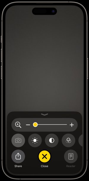 Screenshot of an iPhone showing the Magnifier interface after a temporary photo has been taken.