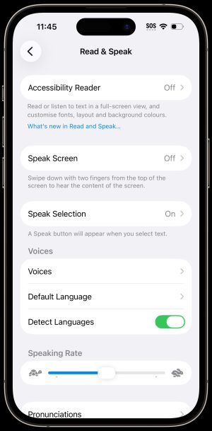 IPhone Spoken Content Screenshot of features listed under Read & Speak