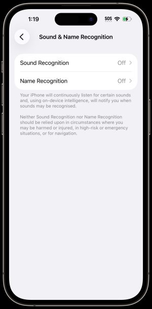 IPhone Sound Recognition Screenshot of Sound & Name Recognition settings page