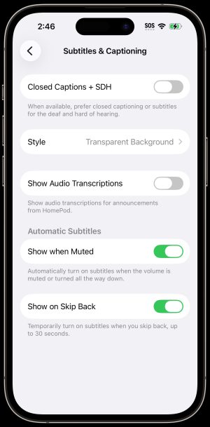 IPhone Subtitles & Captioning Screenshot of Subtitles & Captioning menu