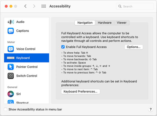 Screenshot of Keyboard menu with “Enable Full Keyboard Access” selected.