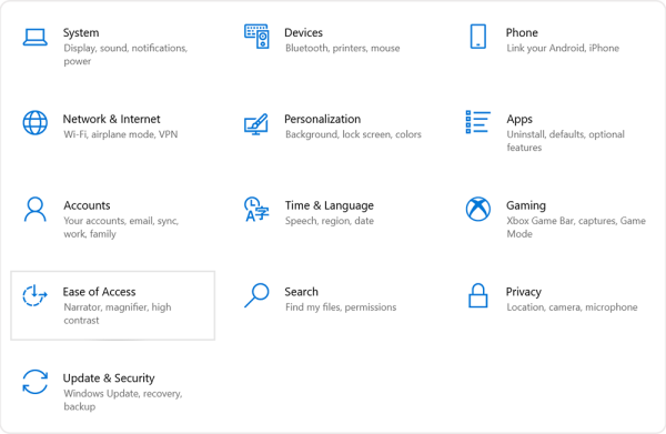 Screenshot of the Ease of Access icon on the Settings panel