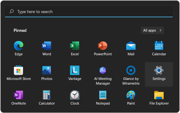 Screenshot of the Windows 11 menu, showing the location of the settings icon
