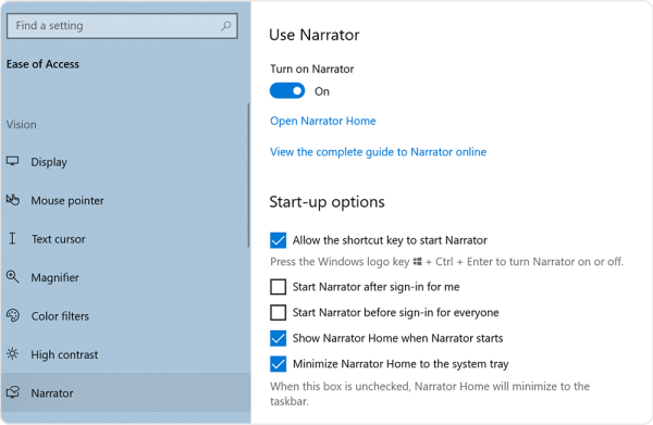 Screenshot of the Use Narrator settings panel with start-up options