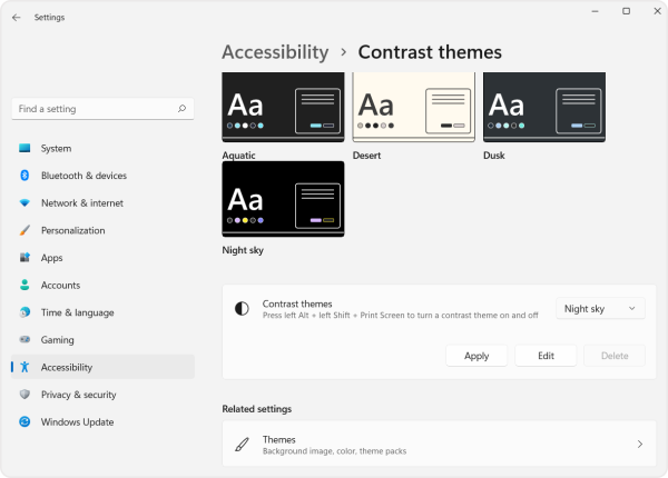 Screenshot of the contrast theme options in the accessibility menu. 