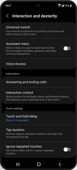 Universal switch feature in the interaction and dexterity menu.