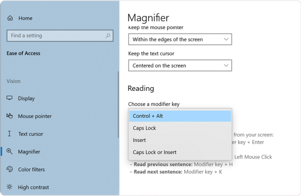 Screenshot of a drop-down menu displaying four options for the modifier key, including Ctrl + Alt, Caps Lock, Insert key, and Caps Lock + Insert.