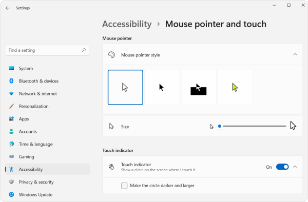 Screenshot of the location of the mouse pointer style options in the accessibility menu. 