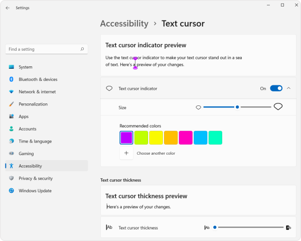 Screenshot of the text cursor options and settings in the accessibility menu. 