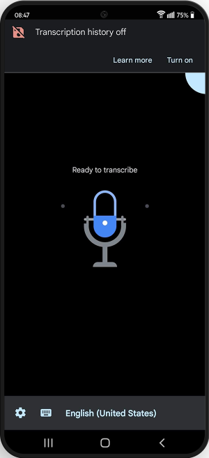 Live Transcribe Application opened and ready to convert speech into text on the screen.