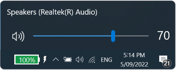 Screenshot of the system tray of the device's task bar, with the volume button selected and device waiting for the user to adjust the volume.