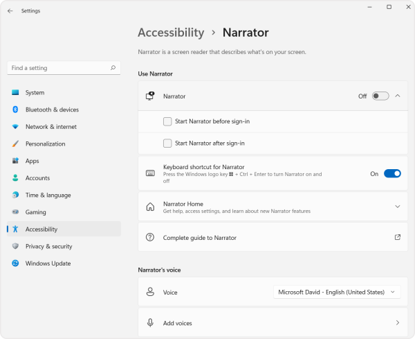 Screenshot of the keyboard shortcut on the Narrator settings panel in the accessibility menu. 
