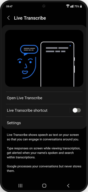 Open Live Transcribe button in the live transcribe menu.