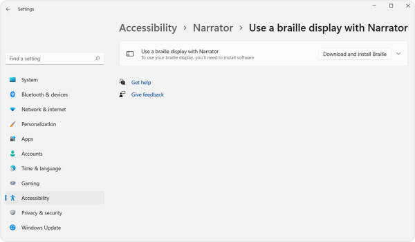 Screenshot of the braille display with Narrator panel in the accessibility menu. 