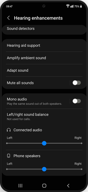 Hearing aid support feature highlighted in the hearing enhancements menu.