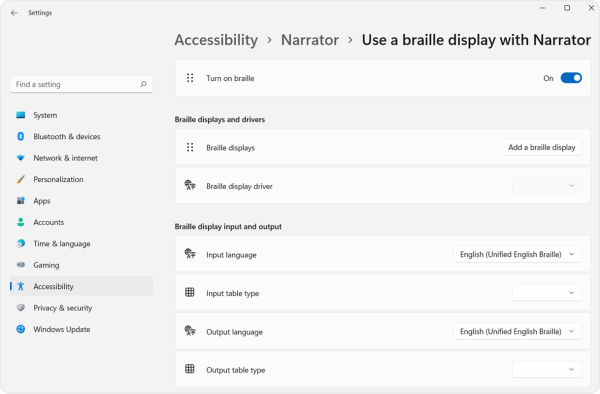 Screenshot of the braille display with Narrator panel showing the turn on braille indicator