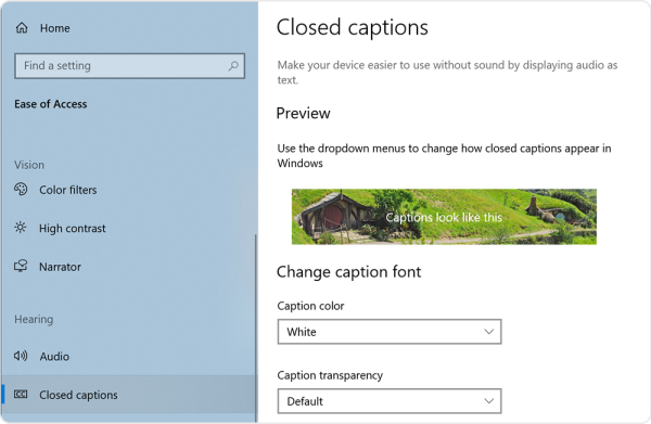 Screenshot of drop-down menus that allow the user to make changes to the caption font, such as the colour, transparency, style, size and effects.