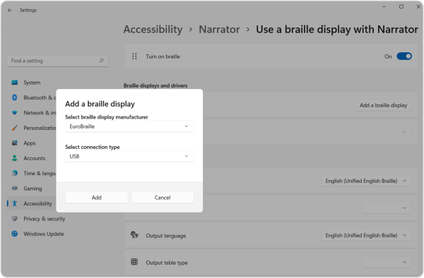 Screenshot of the Add a braille display in the Use a braille display with Narrator panel