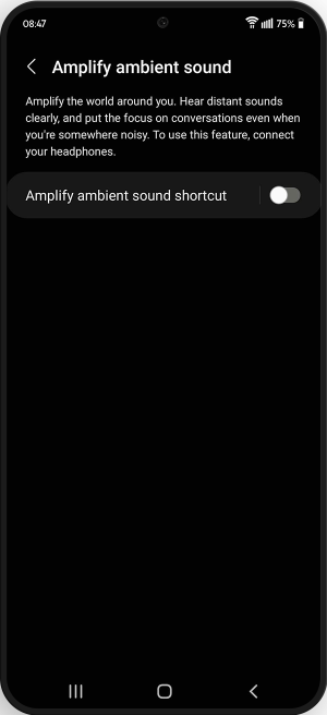 Amplify ambient sound shortcut toggle highlighted in the amplify ambient sound menu.