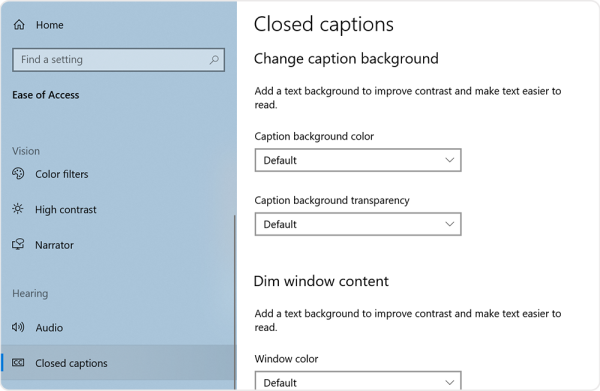 Screenshot of drop-down menus that allow the user to make changes to the caption background, such as the colour and transparency. This adds a text background to improve contrast and make text easier to read.