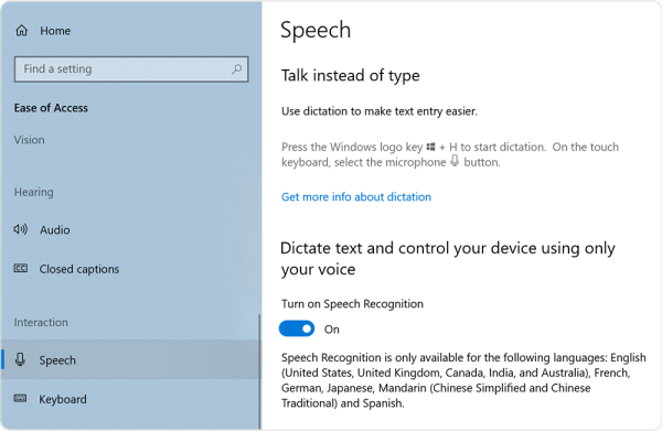 Screenshot of the Speech link under Ease of Access navigation, showing Toggle switch for Speech Recognition