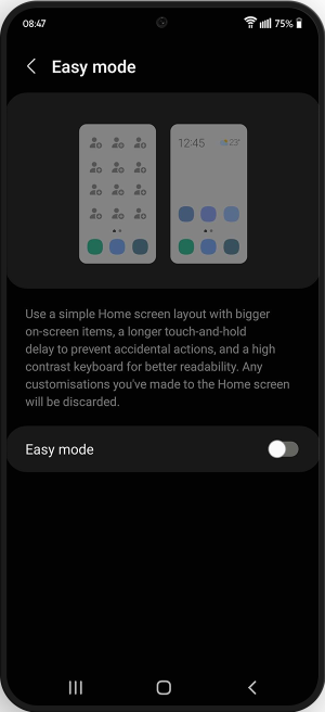 Toggle to enable easy mode highlighted on the screen.