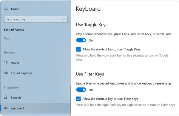 Screenshot of the Keyboard Panel in the Ease of Access menu