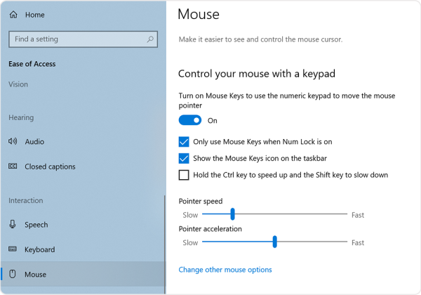 Screenshot of the Mouse settings panel