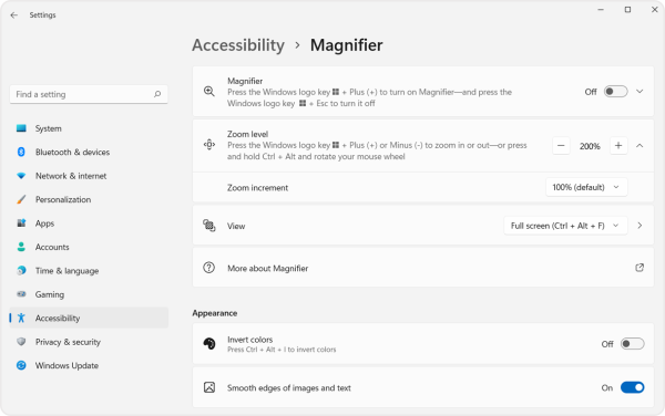 Screenshot of the zoom level settings in the magnifier panel of the accessibility menu. 