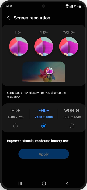 Choose between HD+, FHD+ or WQHD+ for screen resolution.