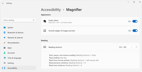 Screenshot of the invert colours option of the magnifier panel in the accessibility menu. 