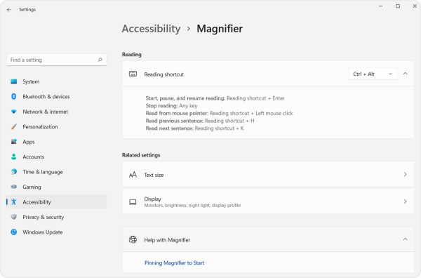 Screenshot of the reading shortcut setting in the magnifier panel of the accessibility menu. 