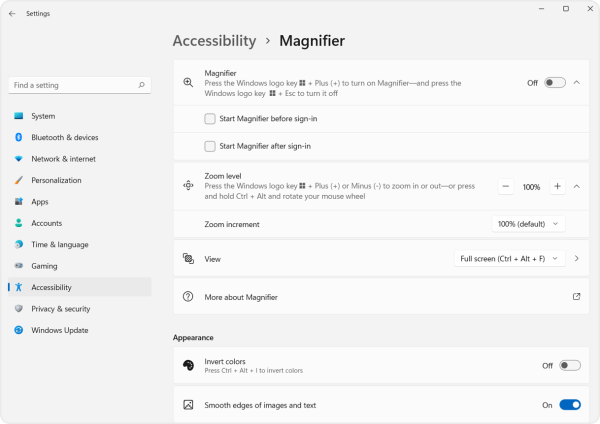 Screenshot of the magnifier panel of the accessibility menu. 