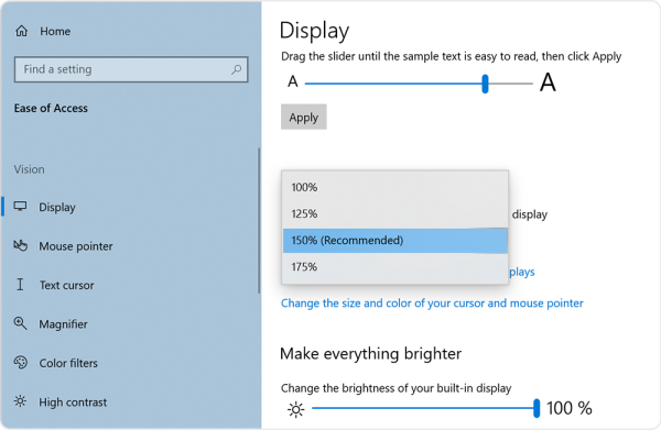 Screenshot of a drop-down menu displaying four sizing options for apps and text, from 100% to 175%.