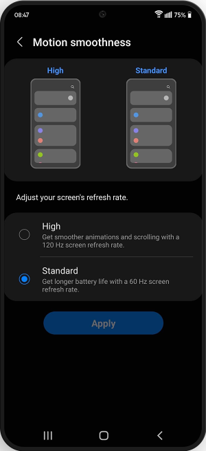 Option to choose between high and standard screen refresh rate with the apply button to save changes.
