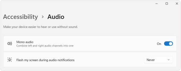 Screenshot of the mono audio toggle in the audio panel of the accessibility menu. 