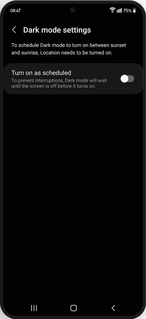 Option to schedule dark mode from sunset to sunrise or set a custom schedule.