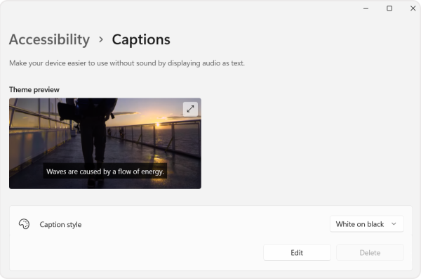 Screenshot of the caption style options in the captions panel of the accessibility menu. 