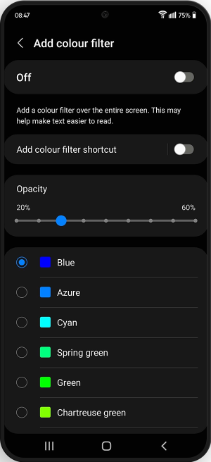 Toggle for enabling or disabling colour filter in Add Colour menu.