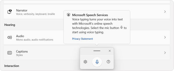 Screenshot of the Microsoft Speech Services popup in the accessibility menu. 