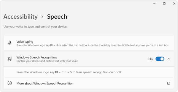 Screenshot of the Windows Speech Recognition toggle setting in the accessibility menu. 